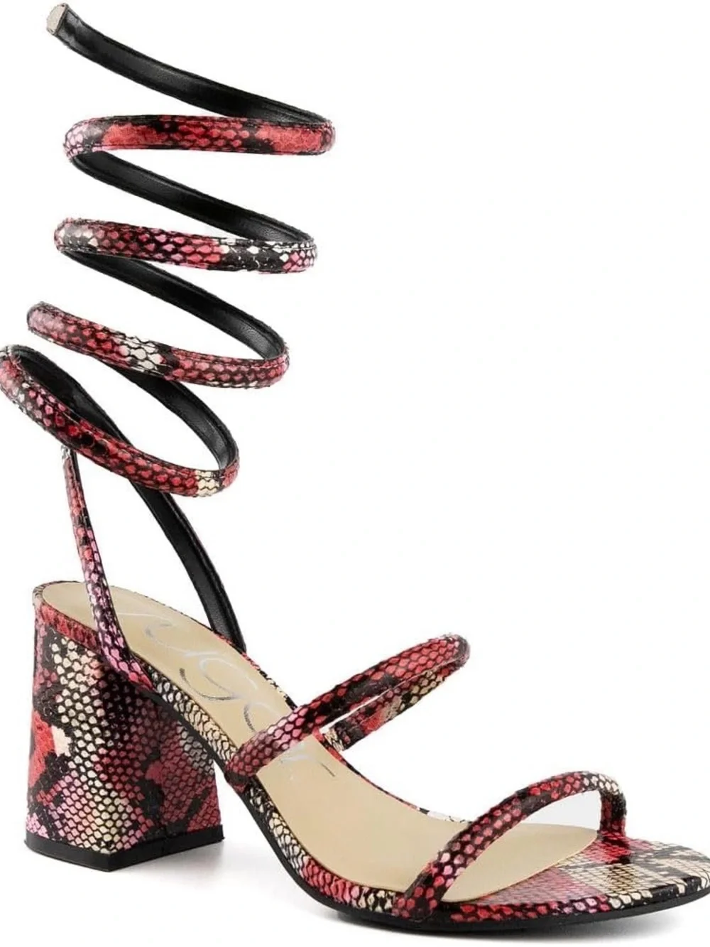 Sugar Red Snake-Print Spiraled Ankle Wrap Block Heel Sandal-New